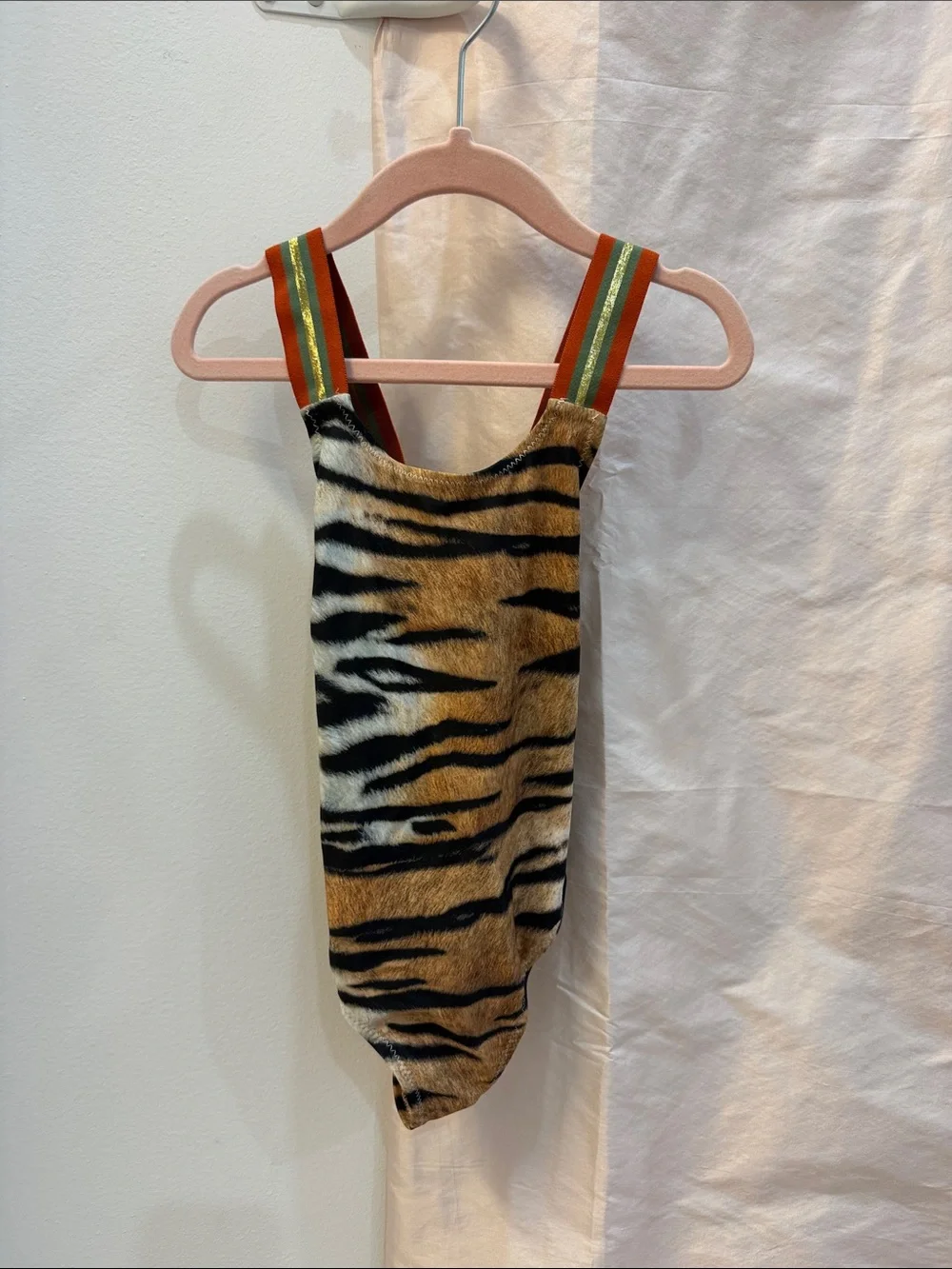 Molo Tiger-Print One-Piece Swim in Brown, Black & Orange-Striped Straps